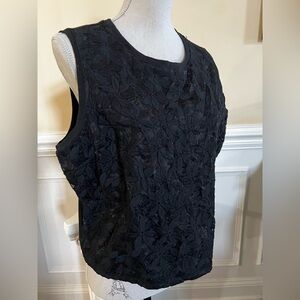 Lined, Sheer Lace Embroidered Floral Black Sleeveless Crew Neck Top.